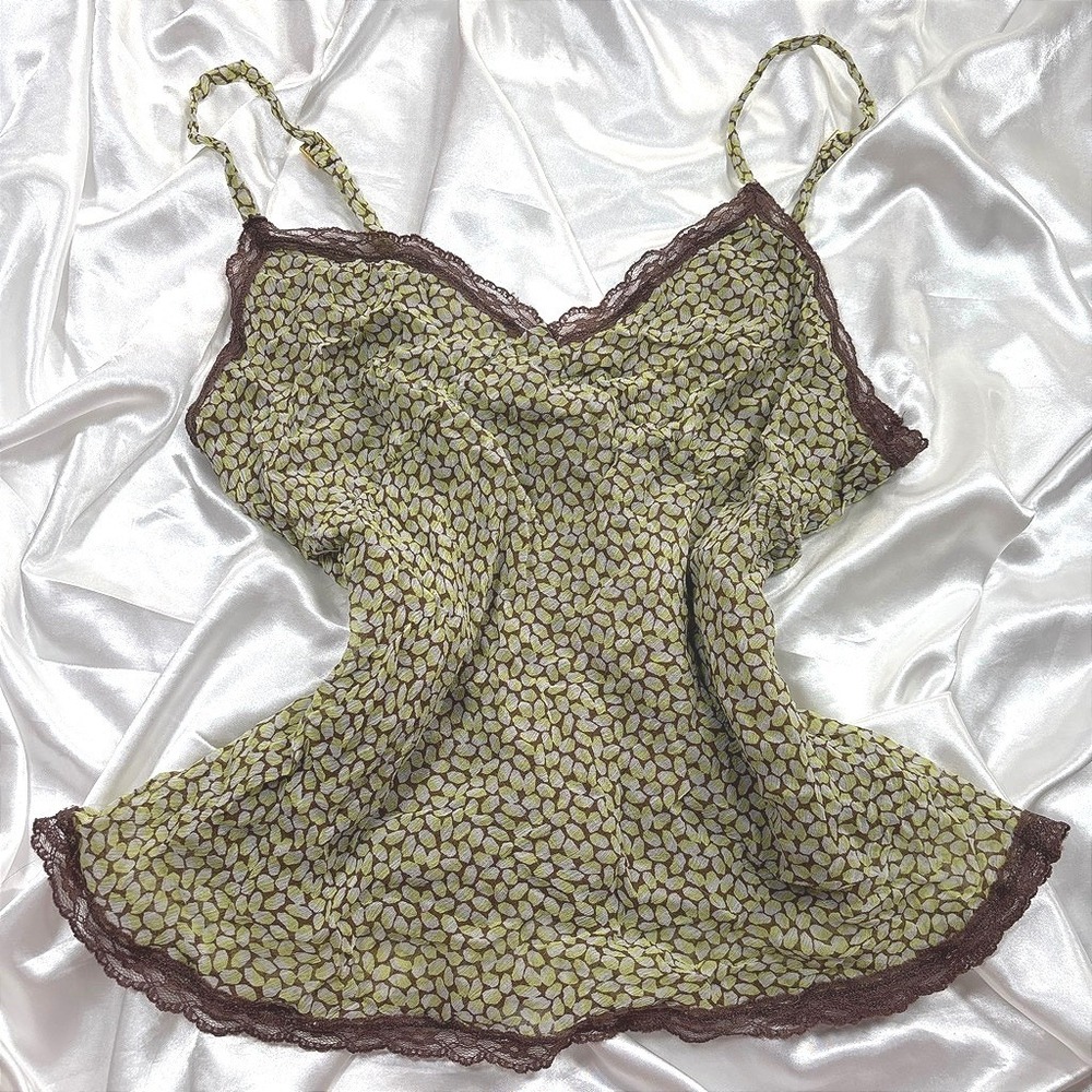 y2k Cami Top Green Excellent Express Design Studio Silk Lace Trim Tank M